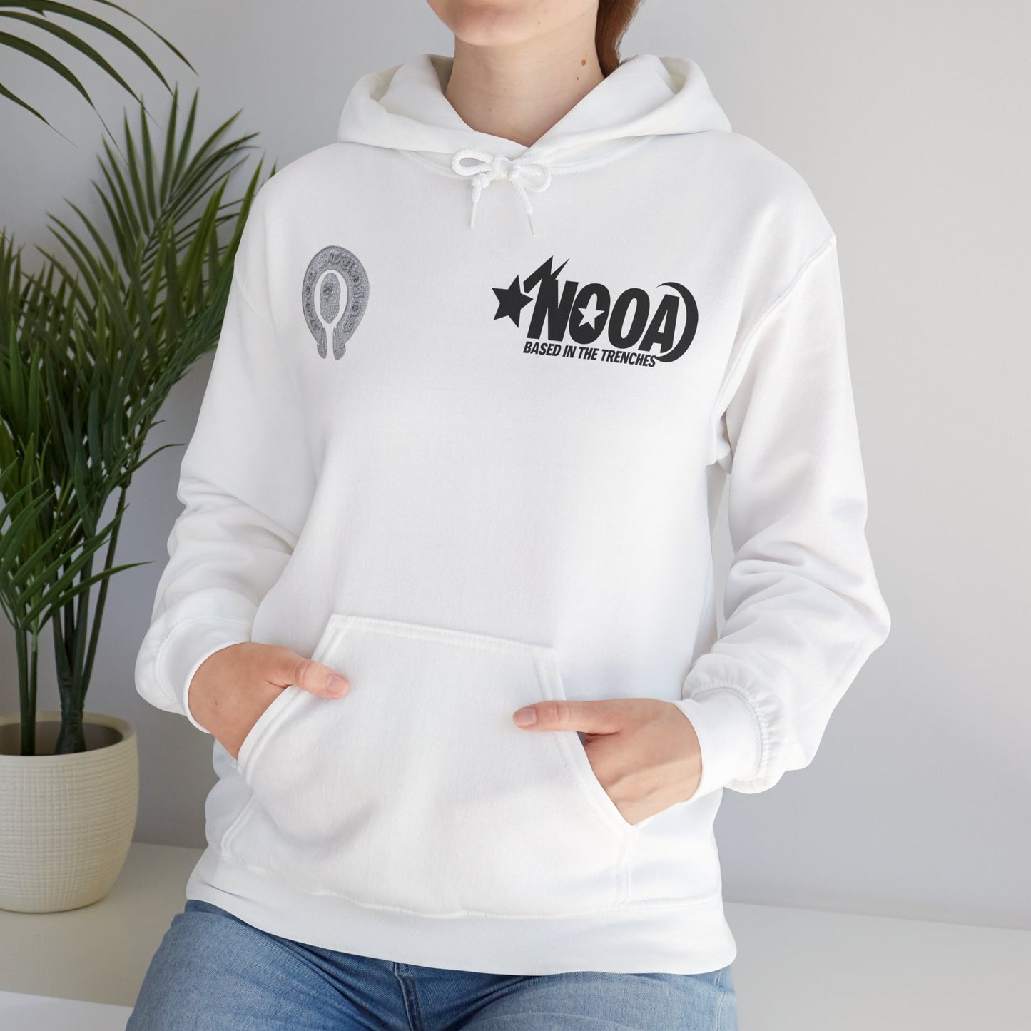NOOA Studio Graphic Hoodie — 'Based in the Trenches' White Pullover