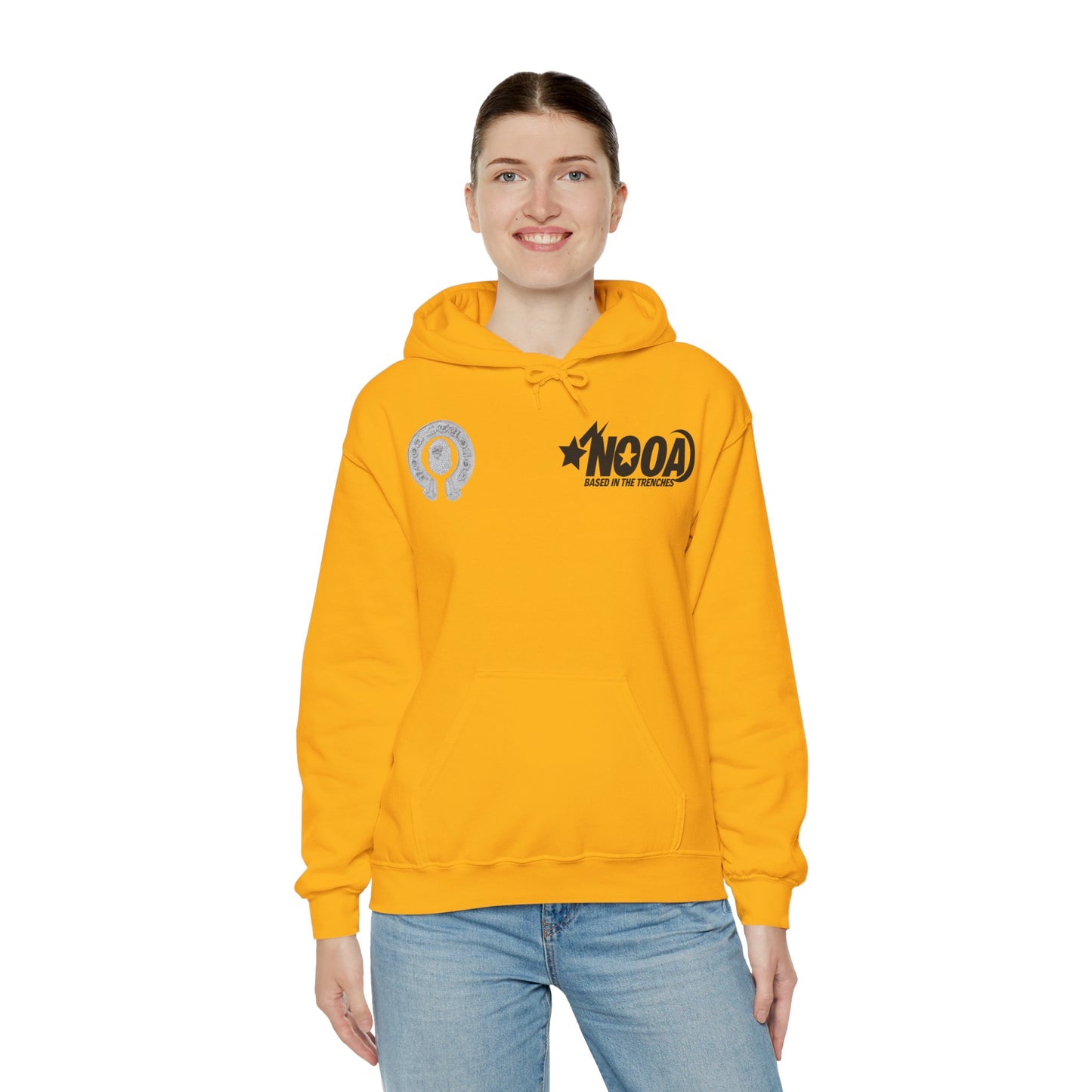 NOOA Studio Graphic Hoodie — 'Based in the Trenches' White Pullover