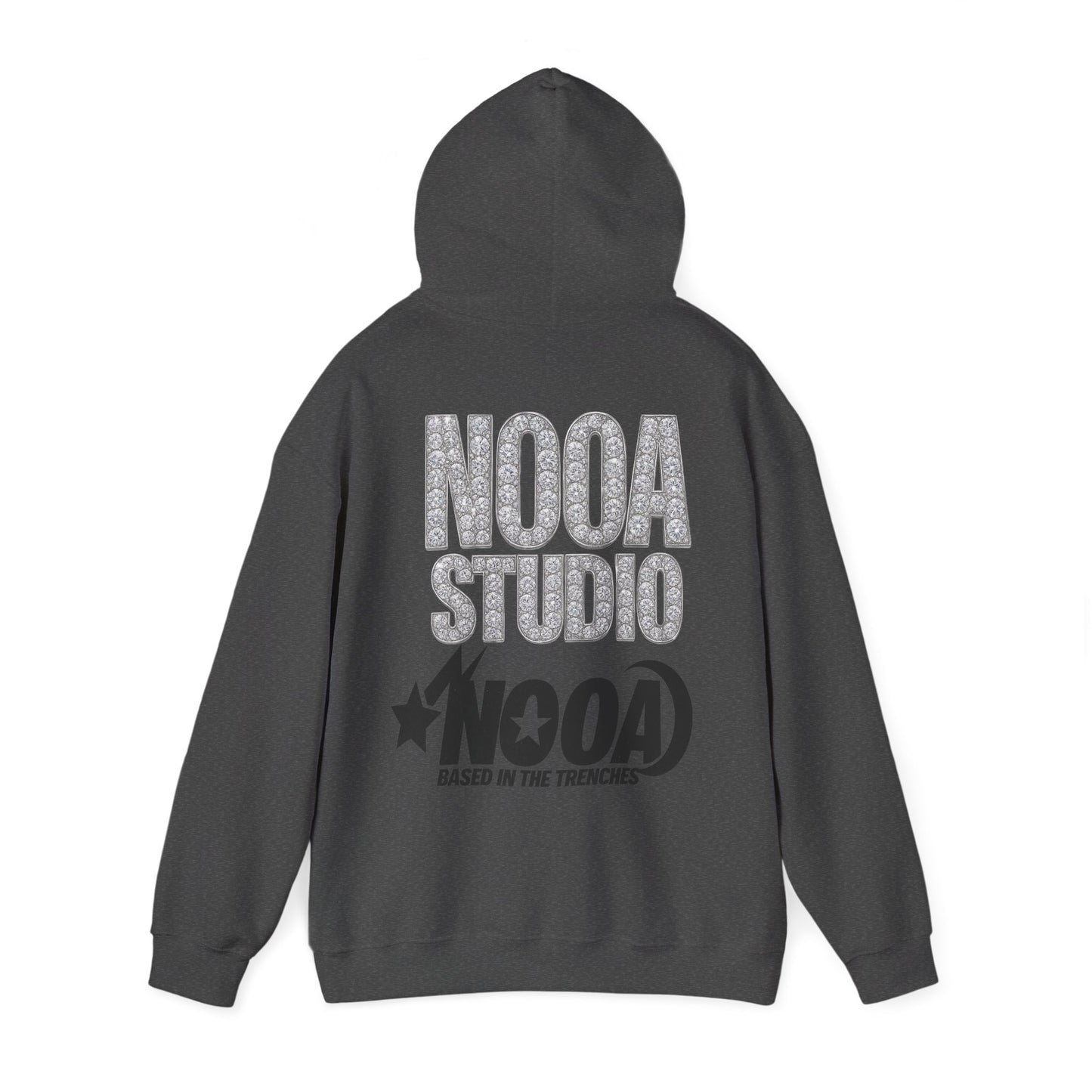 NOOA Studio Graphic Hoodie — 'Based in the Trenches' White Pullover