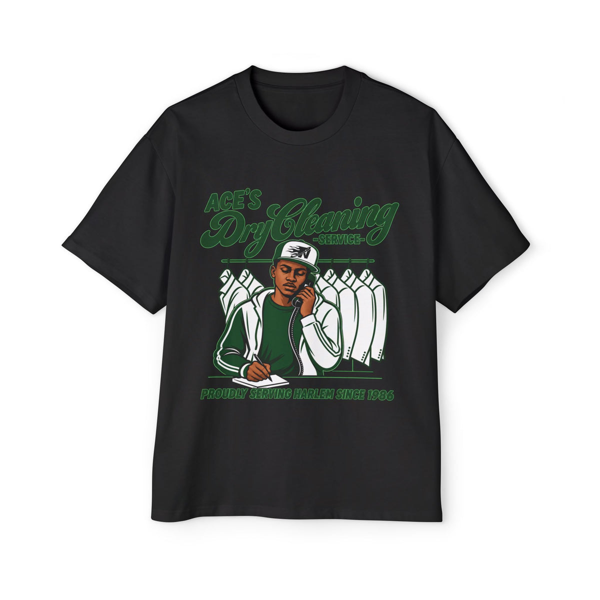 Ace’s Dry Cleaning Graphic Tee — ‘Proudly Serving Harlem Since 1986’ (Nooa Currency Back Print)