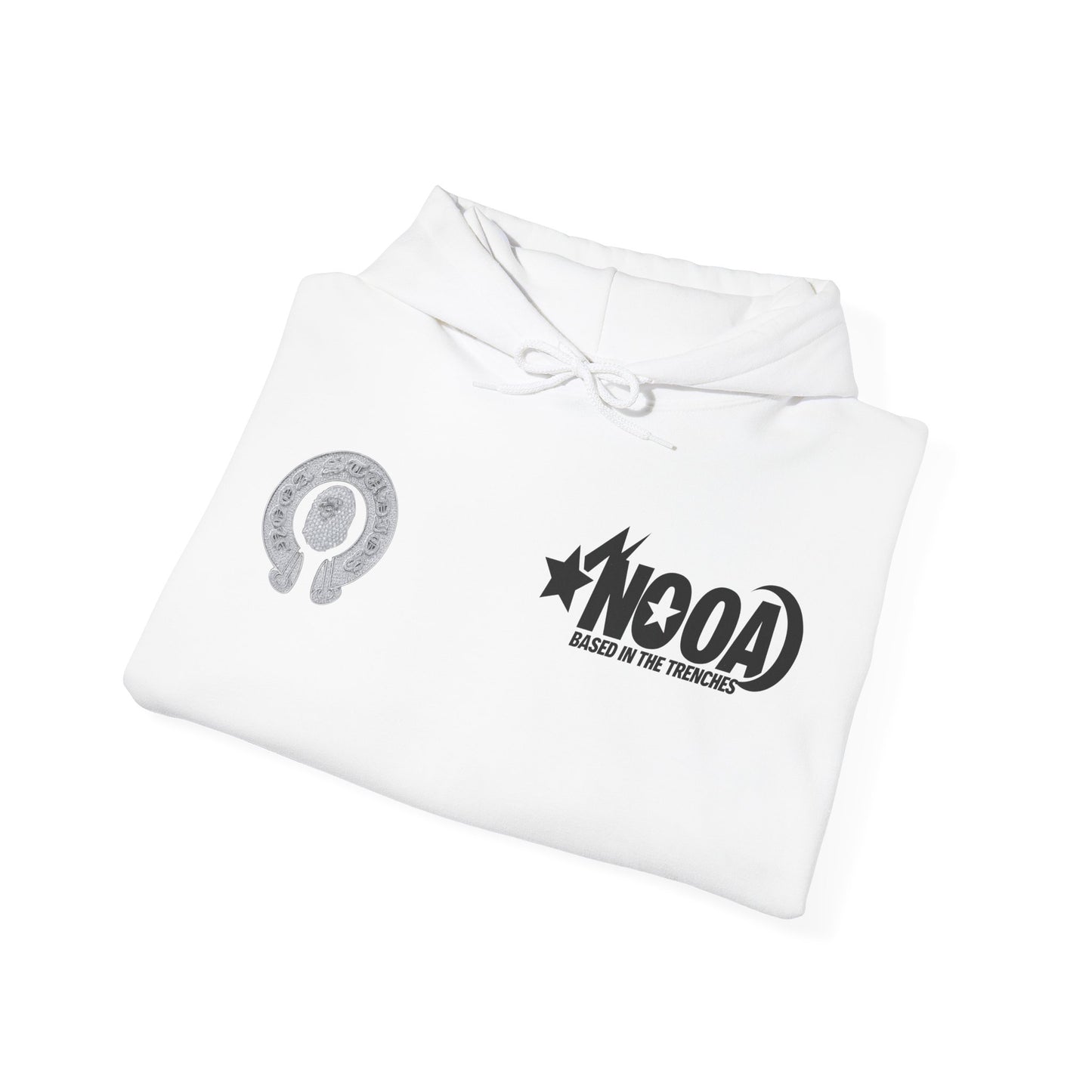 NOOA Studio Graphic Hoodie — 'Based in the Trenches' White Pullover