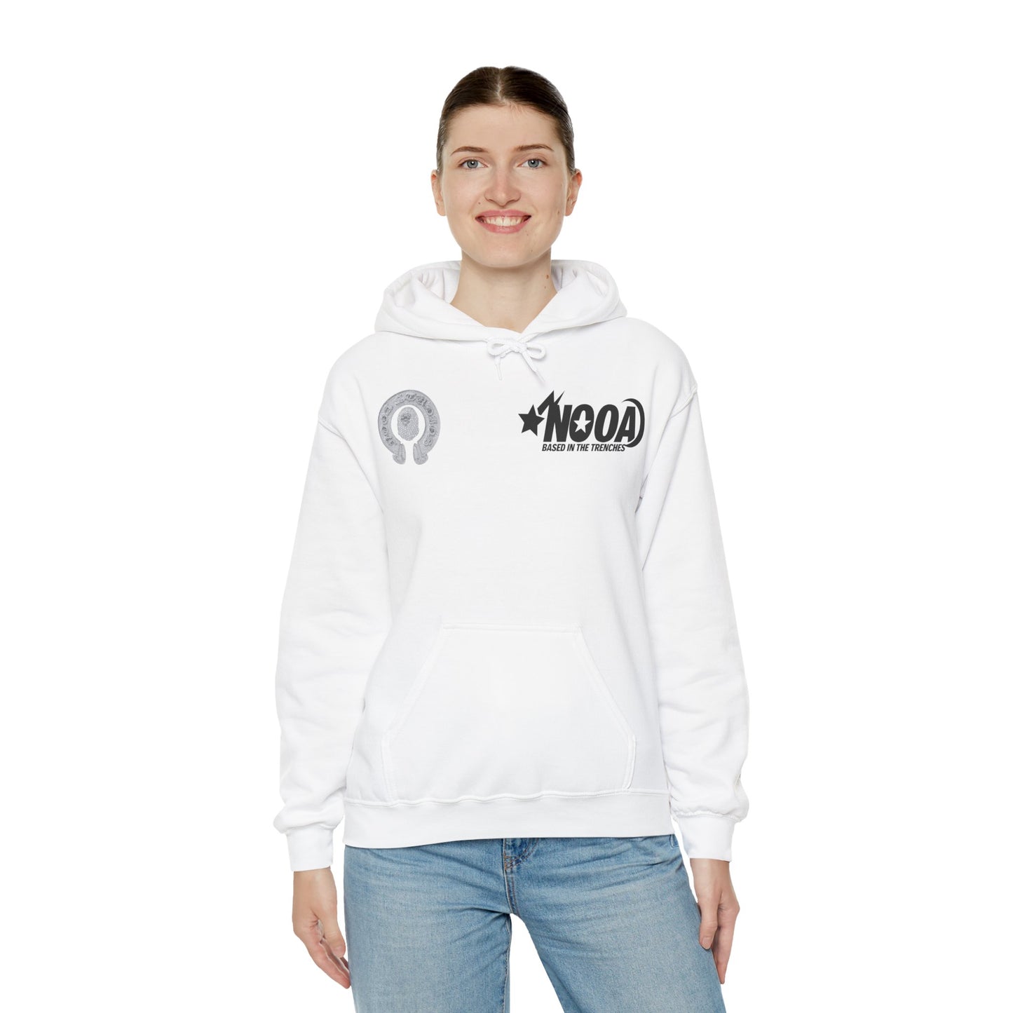 NOOA Studio Graphic Hoodie — 'Based in the Trenches' White Pullover
